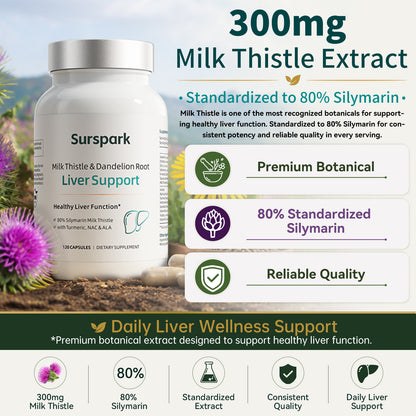 Surspark Milk Thistle Supplement for Liver Cleanse Detox & Repair, 80% Silymarin with NAC, TUDCA, ALA, Turmeric, Choline, Artichoke & Dandelion for Liver & Antioxidant Support, 120 Capsules