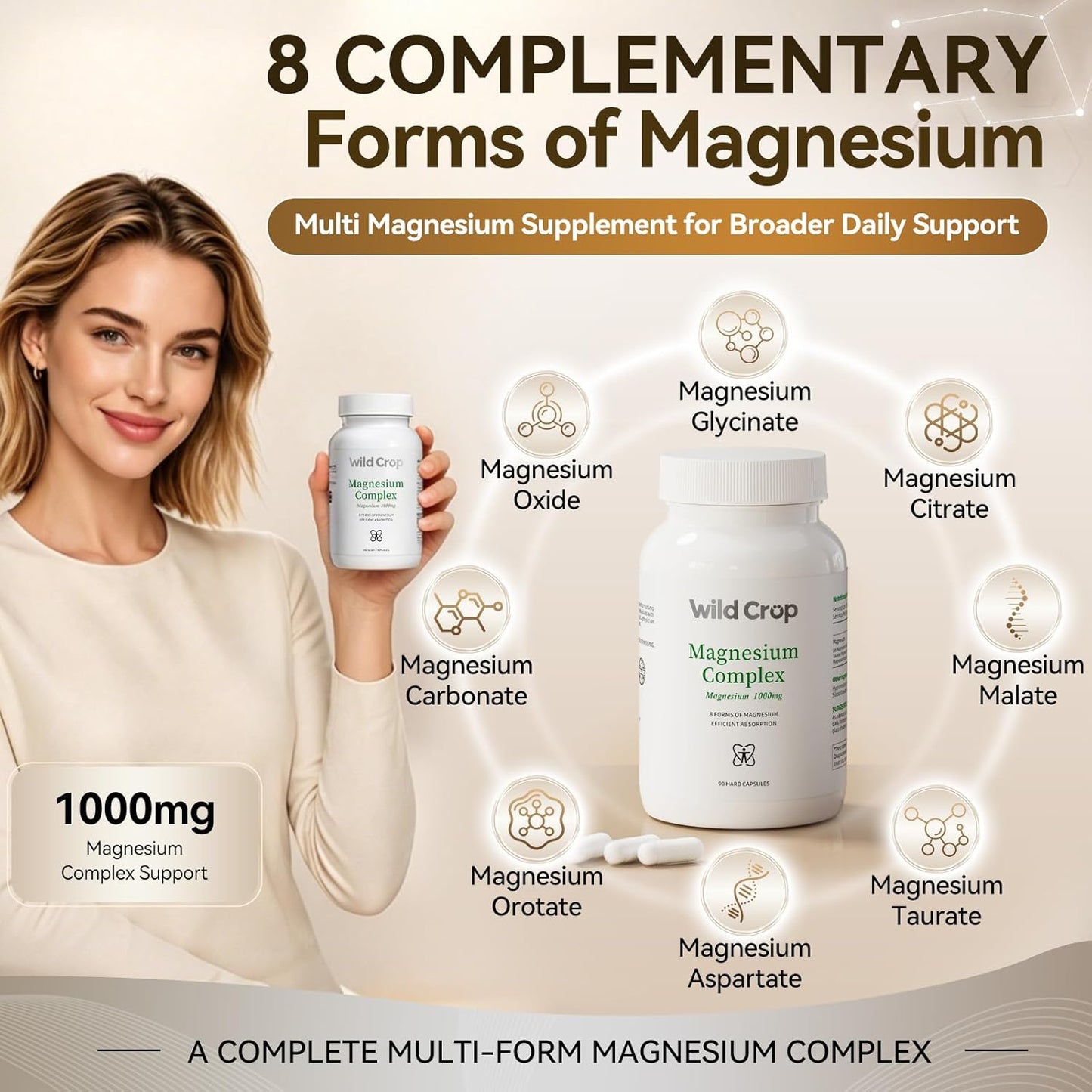 Wild Crop 8-in-1 Magnesium Complex 1000mg | 8 Highly Bioavailable Forms of Magnesium | 90 Vegetable Capsules
