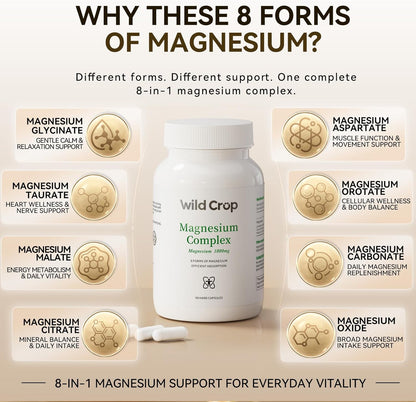 Wild Crop 8-in-1 Magnesium Complex 1000mg | 8 Highly Bioavailable Forms of Magnesium | 90 Vegetable Capsules