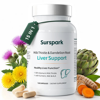 Surspark Milk Thistle Supplement for Liver Cleanse Detox & Repair, 80% Silymarin with NAC, TUDCA, ALA, Turmeric, Choline, Artichoke & Dandelion for Liver & Antioxidant Support, 120 Capsules
